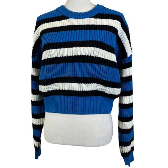A.L.C. Matthews Pullover Sweater Cropped Crewneck Blue White Black Oversized XS - Picture 2 of 10